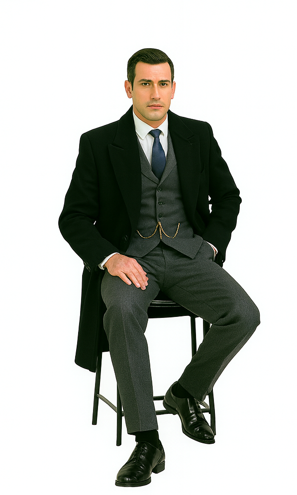 Men's Black Full-length Sleeves Buttoned Closure Peaky Blinders Suit - Peaky Blinders Outfit + Overcoat + Hat (Peaky Blinders Custome) - Image 3