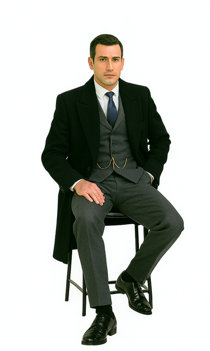 Men's Black Full-length Sleeves Buttoned Closure Peaky Blinders Suit - Peaky Blinders Outfit + Overcoat + Hat (Peaky Blinders Custome) - Image 3