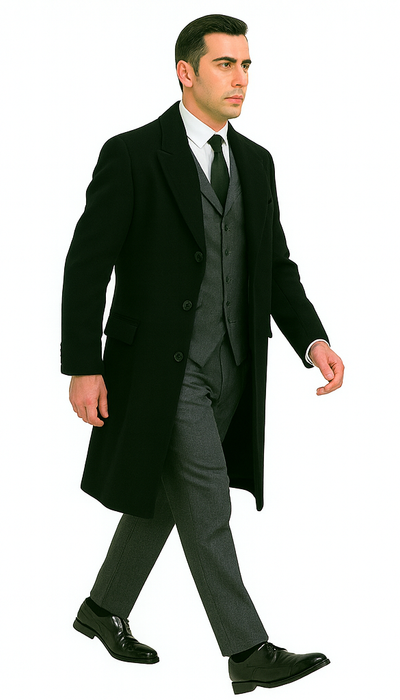 Men's Black Full-length Sleeves Buttoned Closure Peaky Blinders Suit - Peaky Blinders Outfit + Overcoat + Hat (Peaky Blinders Custome)