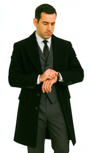 Men's Black Full-length Sleeves Buttoned Closure Peaky Blinders Suit - Peaky Blinders Outfit + Overcoat + Hat (Peaky Blinders Custome)