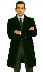 Men's Black Full-length Sleeves Buttoned Closure Peaky Blinders Suit - Peaky Blinders Outfit + Overcoat + Hat (Peaky Blinders Custome)