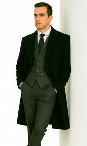 Men's Black Full-length Sleeves Buttoned Closure Peaky Blinders Suit - Peaky Blinders Outfit + Overcoat + Hat (Peaky Blinders Custome)