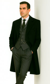 Men's Black Full-length Sleeves Buttoned Closure Peaky Blinders Suit - Peaky Blinders Outfit + Overcoat + Hat (Peaky Blinders Custome) - Image 8