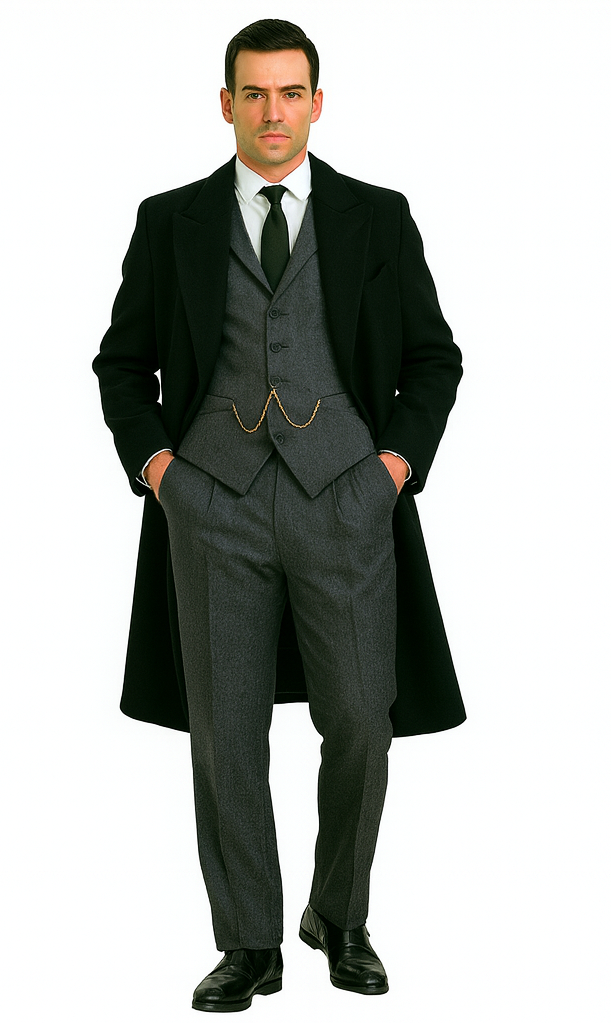Men's Black Full-length Sleeves Buttoned Closure Peaky Blinders Suit - Peaky Blinders Outfit + Overcoat + Hat (Peaky Blinders Custome)