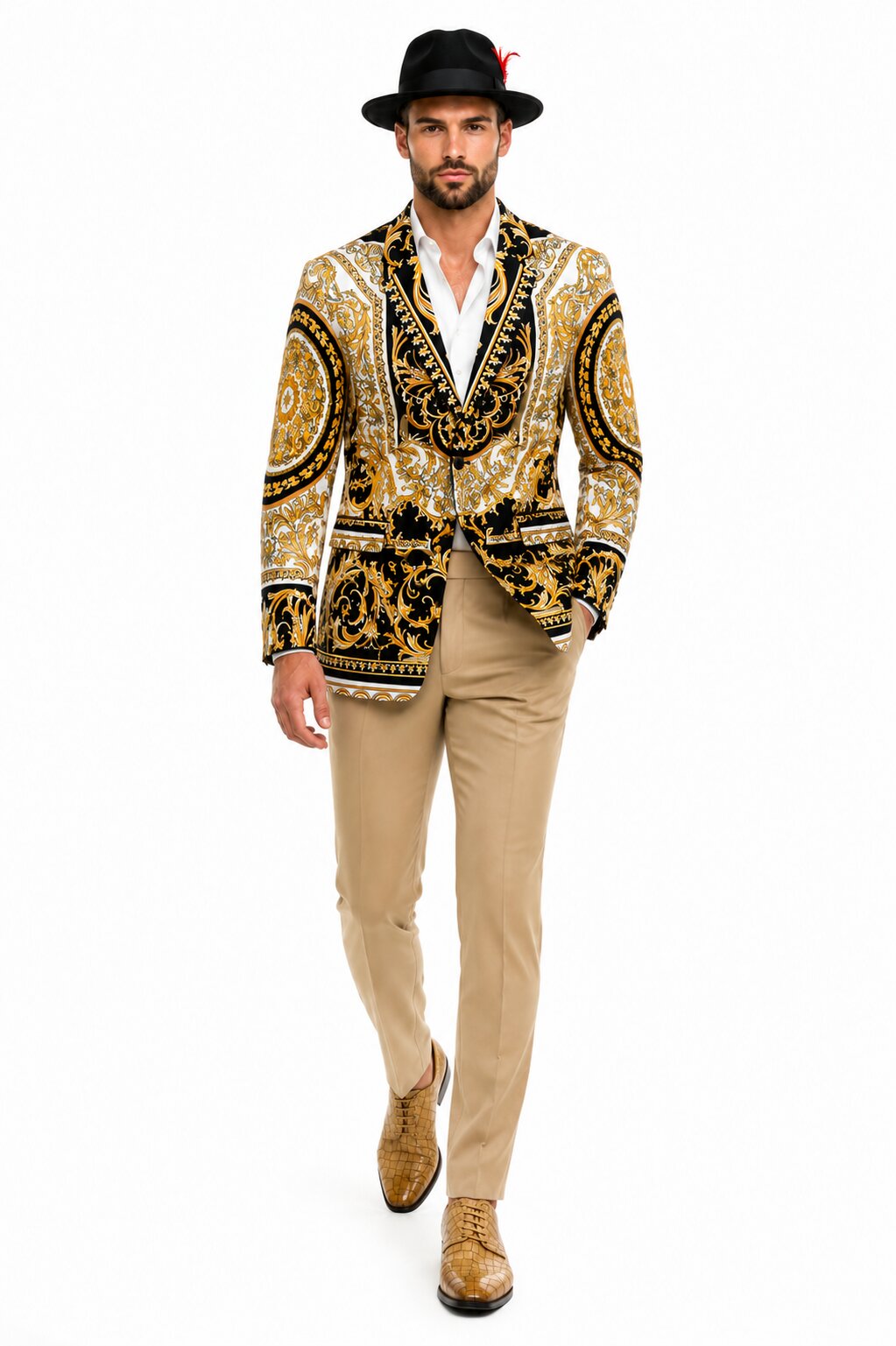 Men’s Black and Gold Baroque Blazer with Matching Pants, Hat, and Shoes – Luxury Party and Wedding Outfit Set