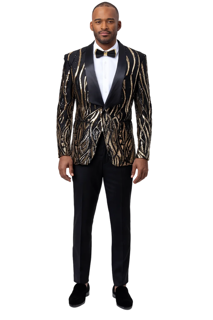 EJ Samuel Black & Gold Sequin Shawl Lapel Tuxedo Jacket