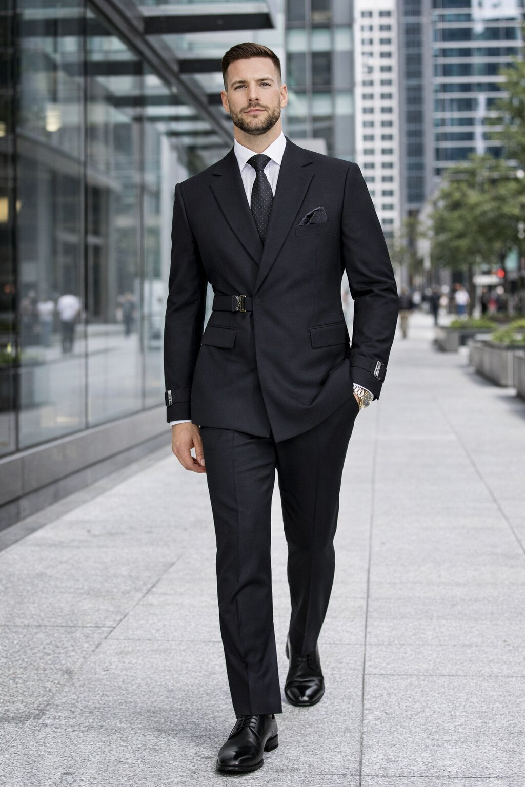 Men’s Black Double Breasted Wool Suit with Metal Buckle Closure Modern Fit
