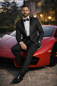 Men's Black Super 150's Viscose Blend 1 Button Tuxedo Floral Pattern  Dinner Jacket