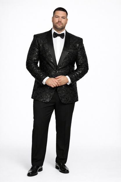 Men'S Sharkskin Flashy Stage Shiny Sequin Paisley Blazer Dinner Jacket 1 Button Black Sport Coat Jacket - Image 6