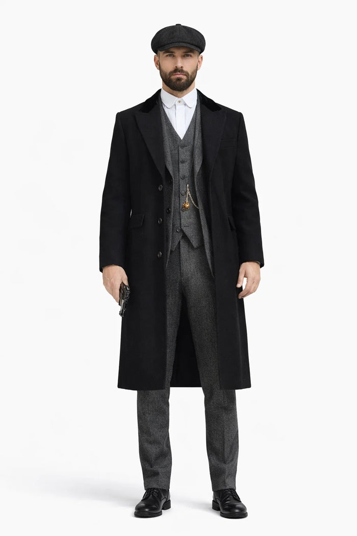 Men's Black One Chest Pocket Three Buttons Peaky Blinders Suits - Peaky Blinders Outfit + Hat (Peaky Blinders Custome)