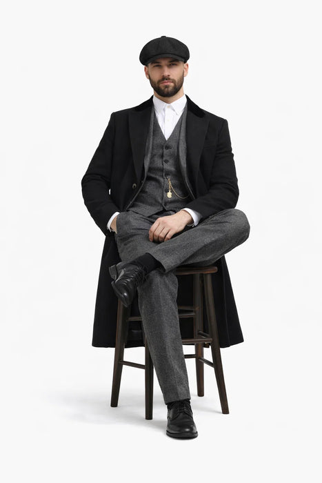Men's Black One Chest Pocket Three Buttons Peaky Blinders Suits - Peaky Blinders Outfit + Hat (Peaky Blinders Custome)