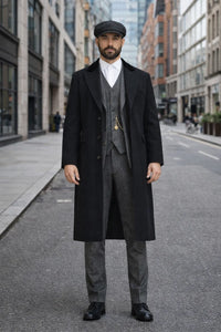 Men's Black One Chest Pocket Three Buttons Peaky Blinders Suits - Peaky Blinders Outfit + Hat (Peaky Blinders Custome)