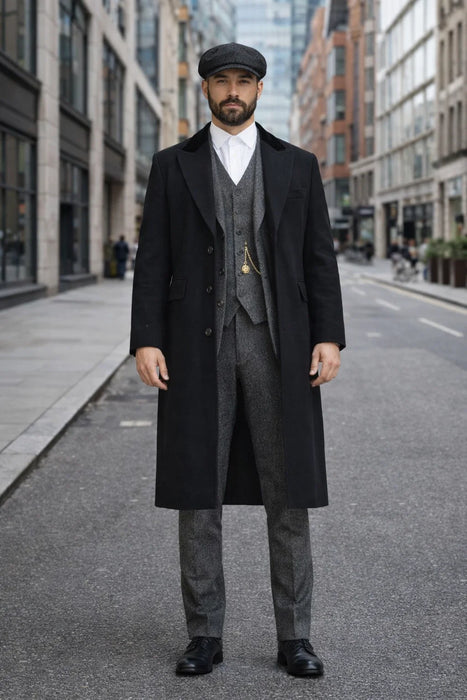 Men's Black One Chest Pocket Three Buttons Peaky Blinders Suits - Peaky Blinders Outfit + Hat (Peaky Blinders Custome)