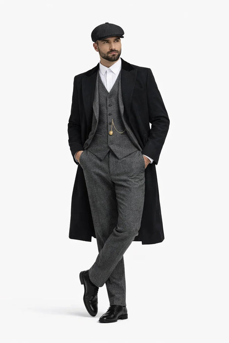 Men's Black One Chest Pocket Three Buttons Peaky Blinders Suits - Peaky Blinders Outfit + Hat (Peaky Blinders Custome)