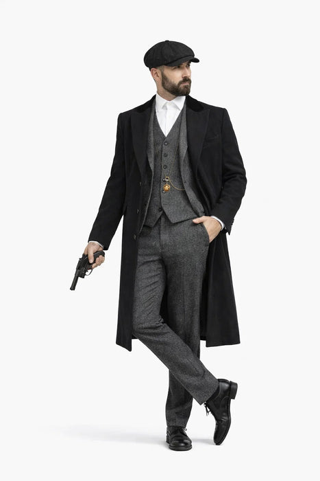 Men's Black One Chest Pocket Three Buttons Peaky Blinders Suits - Peaky Blinders Outfit + Hat (Peaky Blinders Custome)