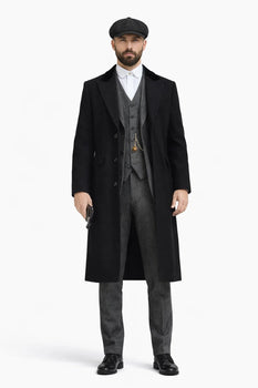 Men's Black One Chest Pocket Three Buttons Peaky Blinders Suits - Peaky Blinders Outfit + Hat (Peaky Blinders Custome)
