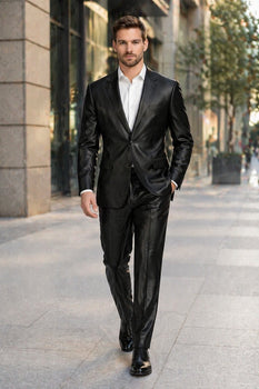 Men'S Shiny Black 2-Button Men'S Sharkskin Suit