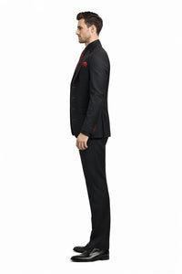 Mens Three Piece Suits - Vested Suit Mens Black/Red Jacket With Bold Vest with matching Tie and Hankie