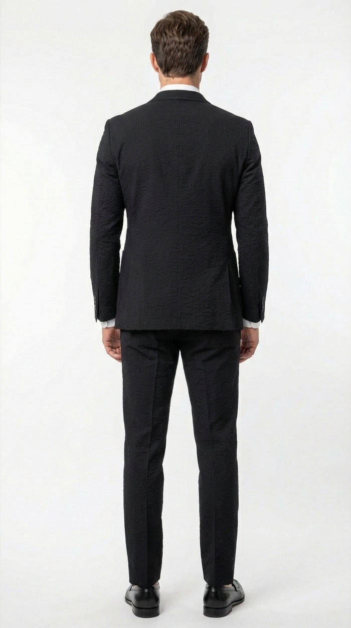 Mens Black Seersucker Suit – Shadow Ton on Ton Mini Textured Two Button Cotton Fabric Formal Summer Suit Modern Fit