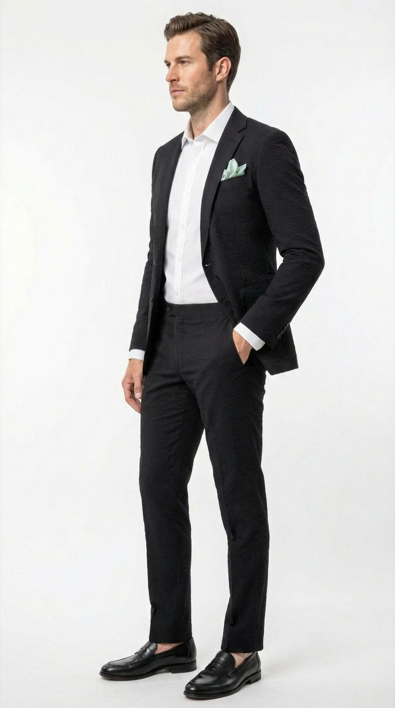 Mens Black Seersucker Suit – Shadow Ton on Ton Mini Textured Two Button Cotton Fabric Formal Summer Suit Modern Fit