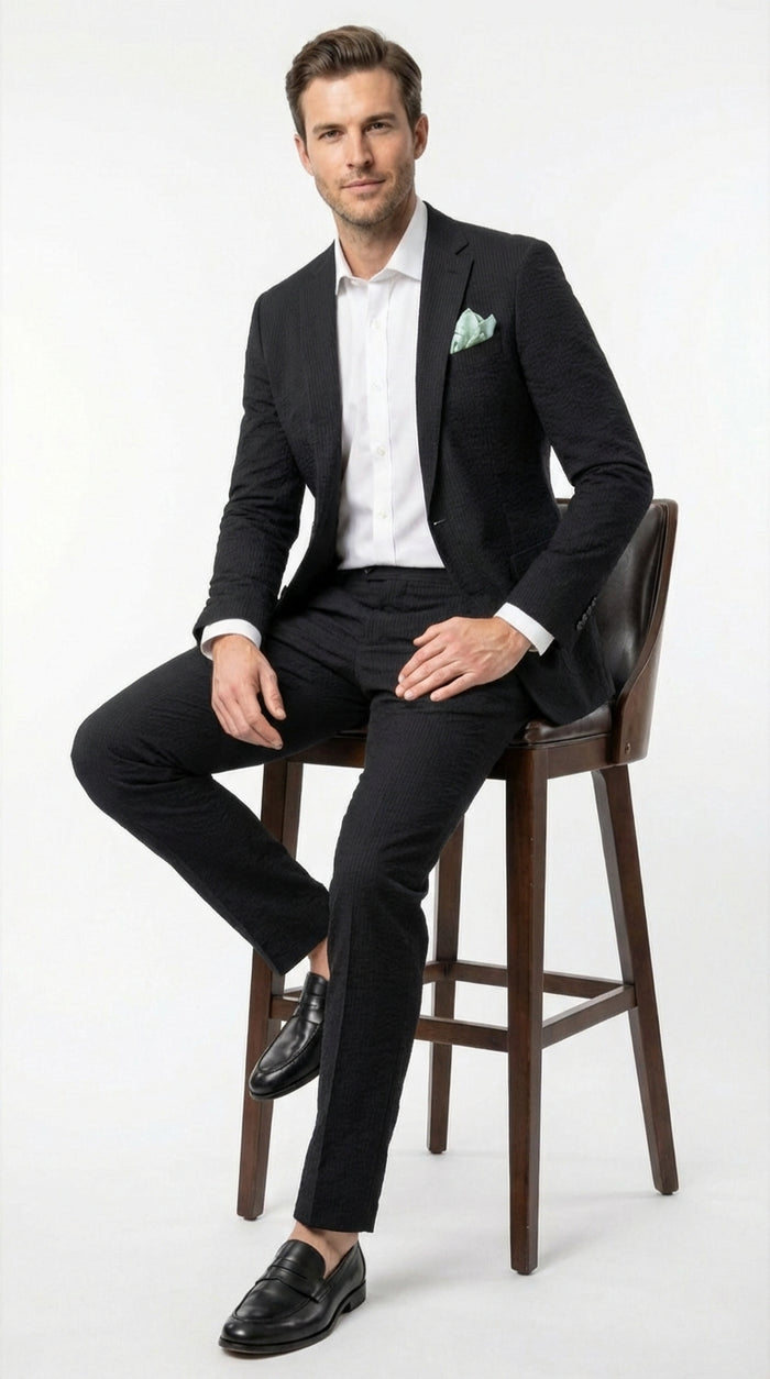 Mens Black Seersucker Suit – Shadow Ton on Ton Mini Textured Two Button Cotton Fabric Formal Summer Suit Modern Fit