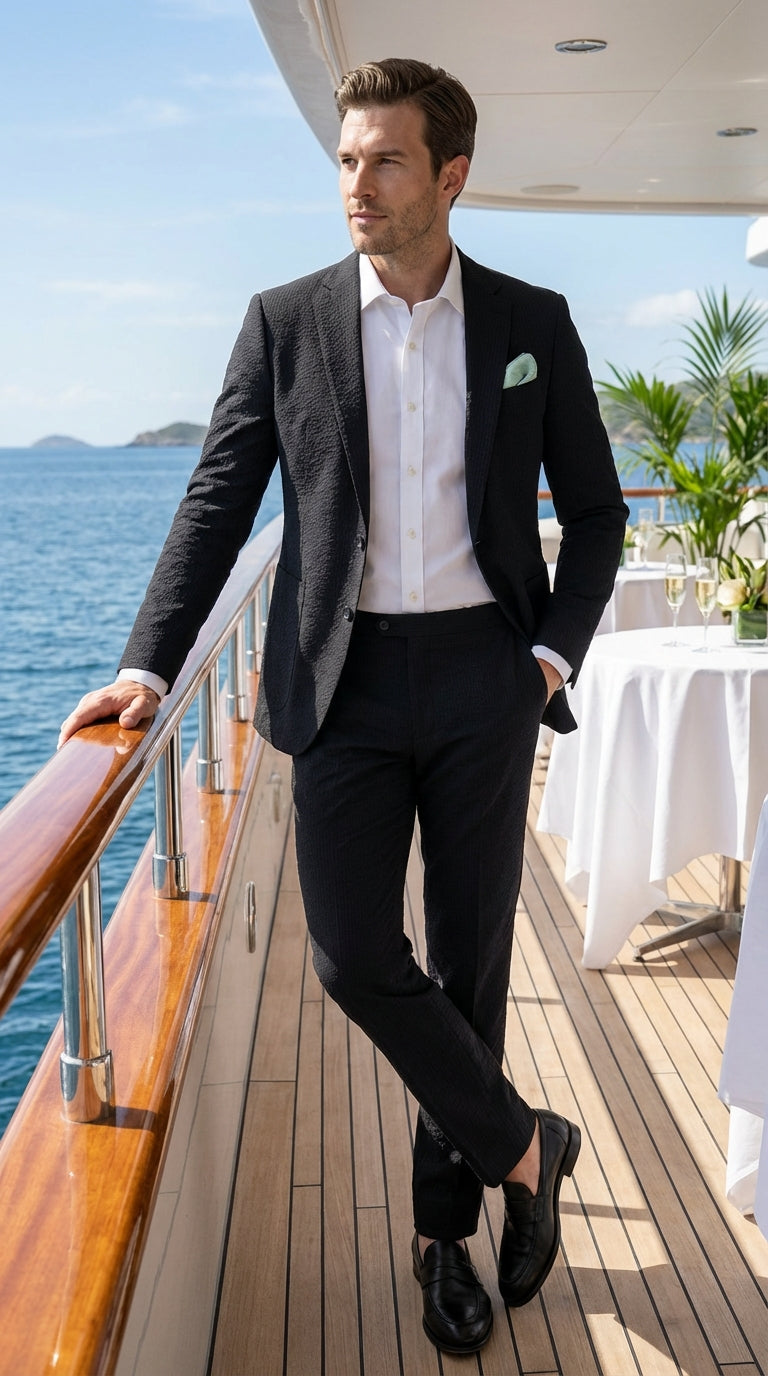 Mens Black Seersucker Suit – Shadow Ton on Ton Mini Textured Two Button Cotton Fabric Formal Summer Suit Modern Fit