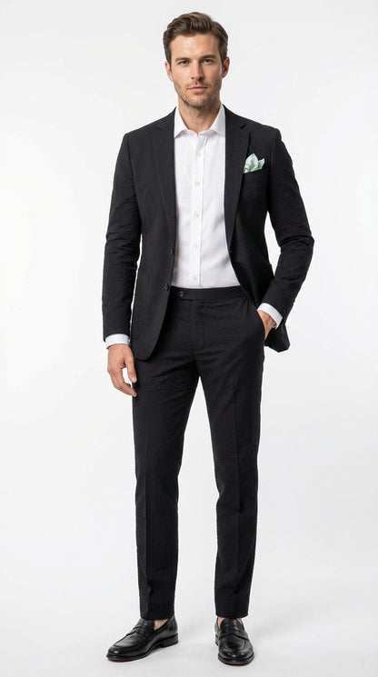 Mens Black Seersucker Suit – Shadow Ton on Ton Mini Textured Two Button Cotton Fabric Formal Summer Suit Modern Fit