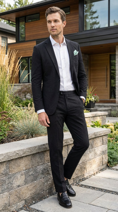 Mens Black Seersucker Suit – Shadow Ton on Ton Mini Textured Two Button Cotton Fabric Formal Summer Suit Modern Fit