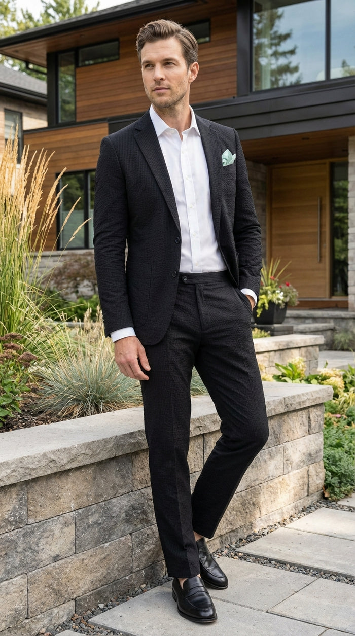 Mens Black Seersucker Suit – Shadow Ton on Ton Mini Textured Two Button Cotton Fabric Formal Summer Suit Modern Fit