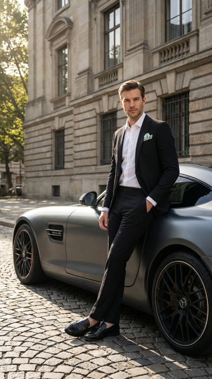 Mens Black Seersucker Suit – Shadow Ton on Ton Mini Textured Two Button Cotton Fabric Formal Summer Suit Modern Fit