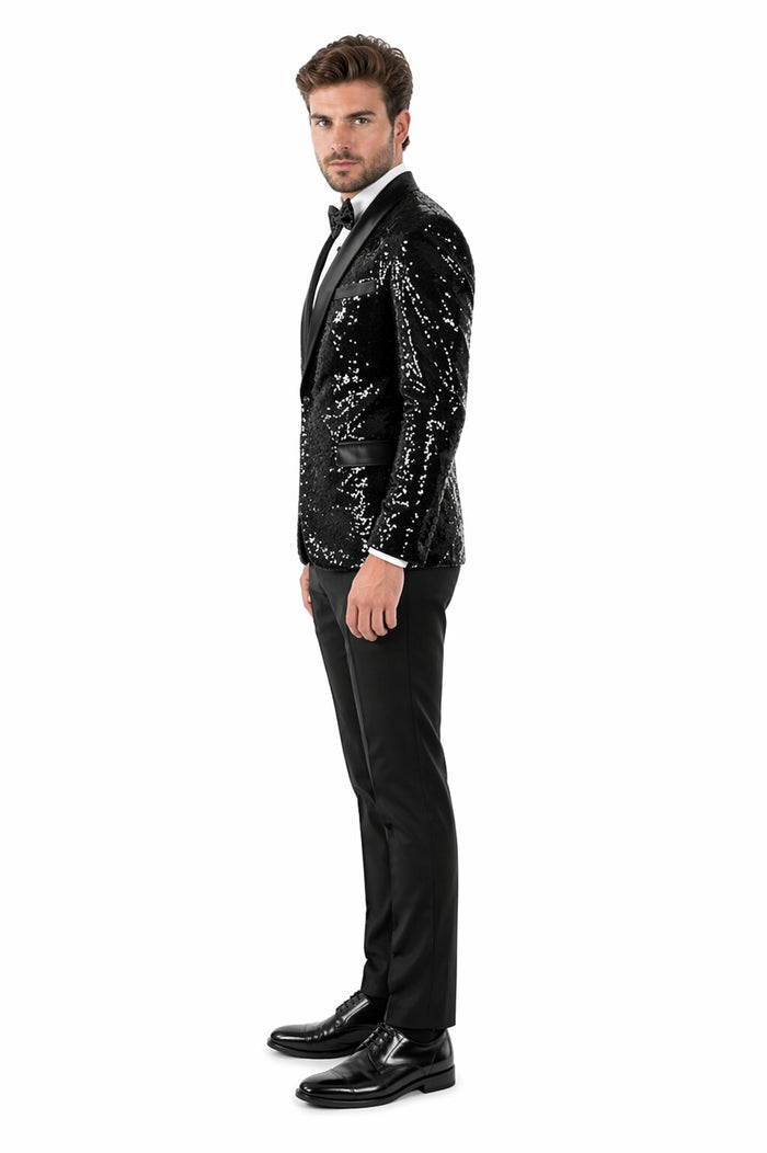 Sequin Blazer Mens Black Regular Fit Sequined 2 Buttons Shawl Lapel Blazer Matching Bow Tie