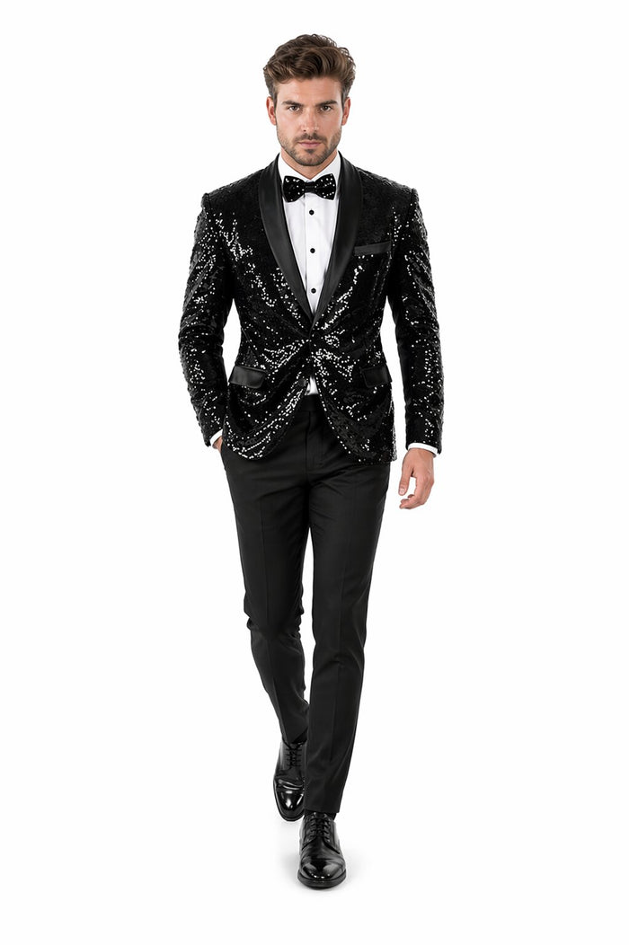 Sequin Blazer Mens Black Regular Fit Sequined 2 Buttons Shawl Lapel Blazer Matching Bow Tie
