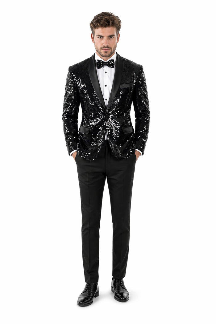 Sequin Blazer Mens Black Regular Fit Sequined 2 Buttons Shawl Lapel Blazer Matching Bow Tie