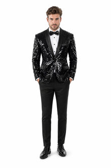 Sequin Blazer Mens Black Regular Fit Sequined 2 Buttons Shawl Lapel Blazer Matching Bow Tie