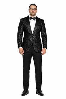 Men'S Sharkskin Flashy Stage Shiny Sequin Paisley Blazer Dinner Jacket 1 Button Black Sport Coat Jacket