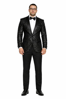 Men'S Sharkskin Flashy Stage Shiny Sequin Paisley Blazer Dinner Jacket 1 Button Black Sport Coat Jacket