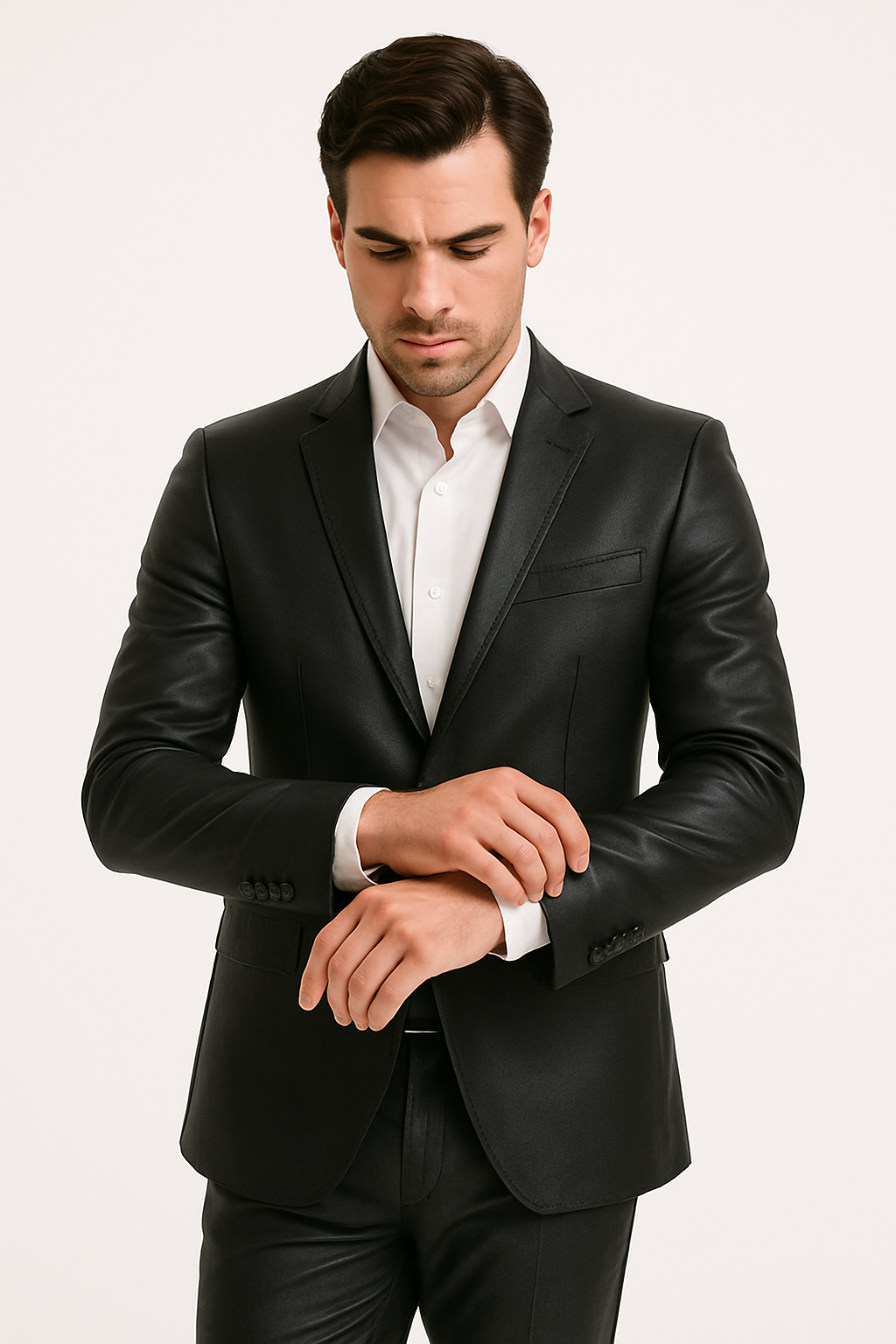 Mens Black Slim Fit Faux Leather Suit – 1 Button Notch Lapel - Image 12