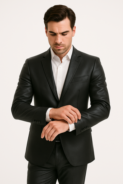 Mens Black Slim Fit Faux Leather Suit – 1 Button Notch Lapel - Image 12