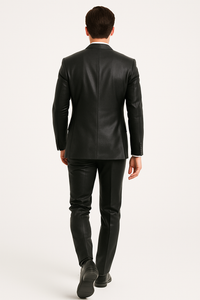 Mens Black Slim Fit Faux Leather Suit – 1 Button Notch Lapel