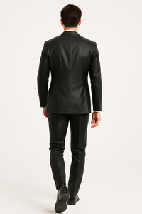 Mens Black Slim Fit Faux Leather Suit – 1 Button Notch Lapel