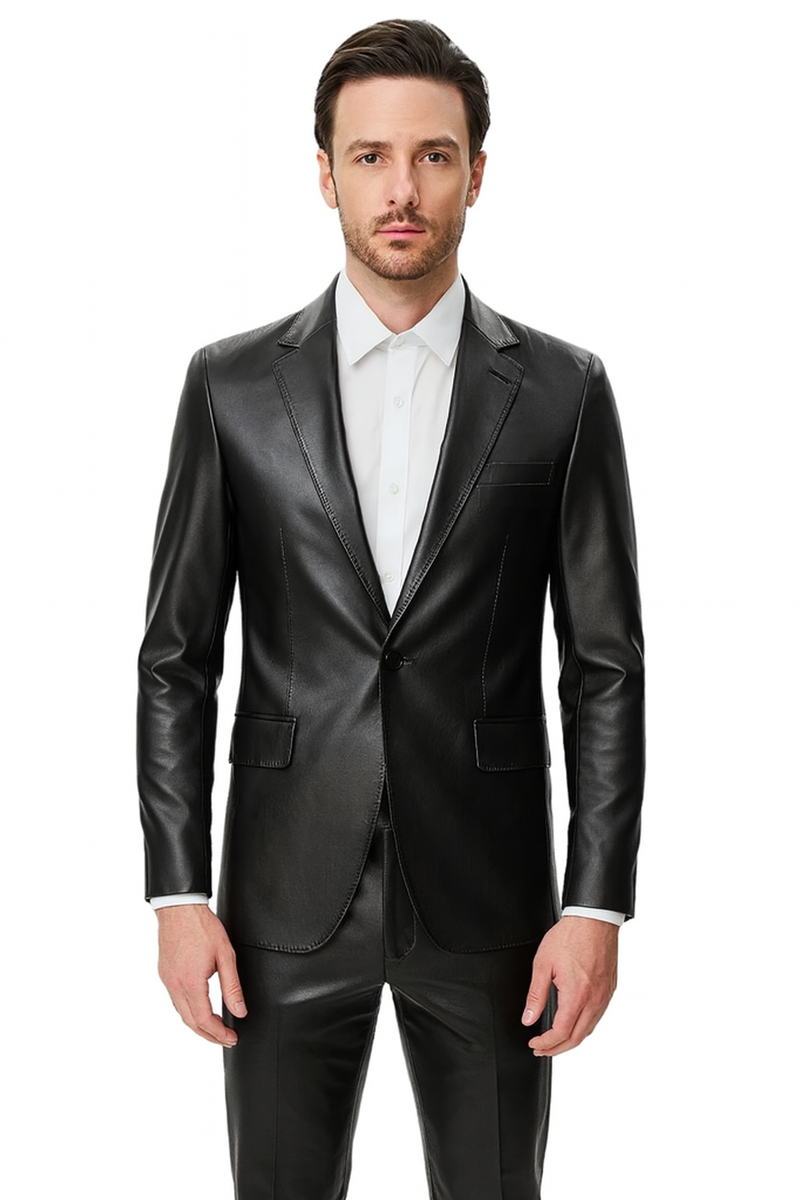 Mens Black Slim Fit Faux Leather Suit 1 Button Notch Lapel Black~ / 50 Long Jacket+44 Waist Adjust 40 to 46)(Height:6-6.4")(Neck 18-19.5:XXL-XXXL) Mens Black Slim Fit Faux Leather Suit 1 Button Notch Lapel Black~ / 50 Long Jacket+44 Waist Adjust 40 to 46)(Height:6-6.4")(Neck 18-19.5:XXL-XXXL)