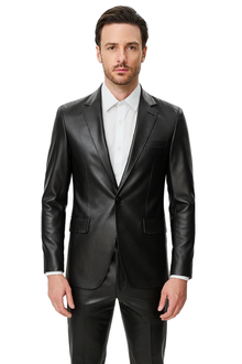 Mens Black Slim Fit Faux Leather Suit – 1 Button Notch Lapel