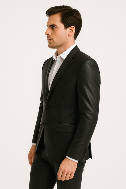 Mens Black Slim Fit Faux Leather Suit – 1 Button Notch Lapel - Image 13