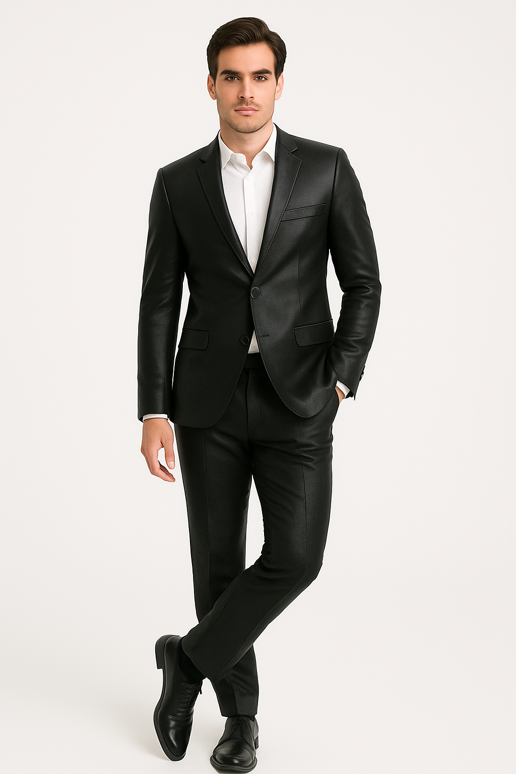 Mens Black Slim Fit Faux Leather Suit – 1 Button Notch Lapel - Image 8