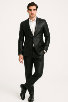 Mens Black Slim Fit Faux Leather Suit – 1 Button Notch Lapel - Image 8