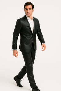 Mens Black Slim Fit Faux Leather Suit – 1 Button Notch Lapel