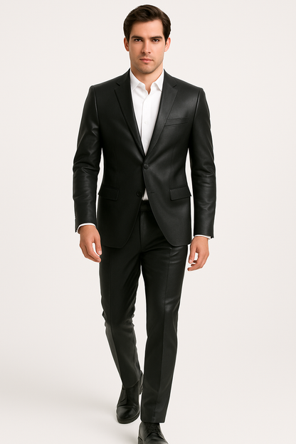 Mens Black Slim Fit Faux Leather Suit – 1 Button Notch Lapel - Image 6