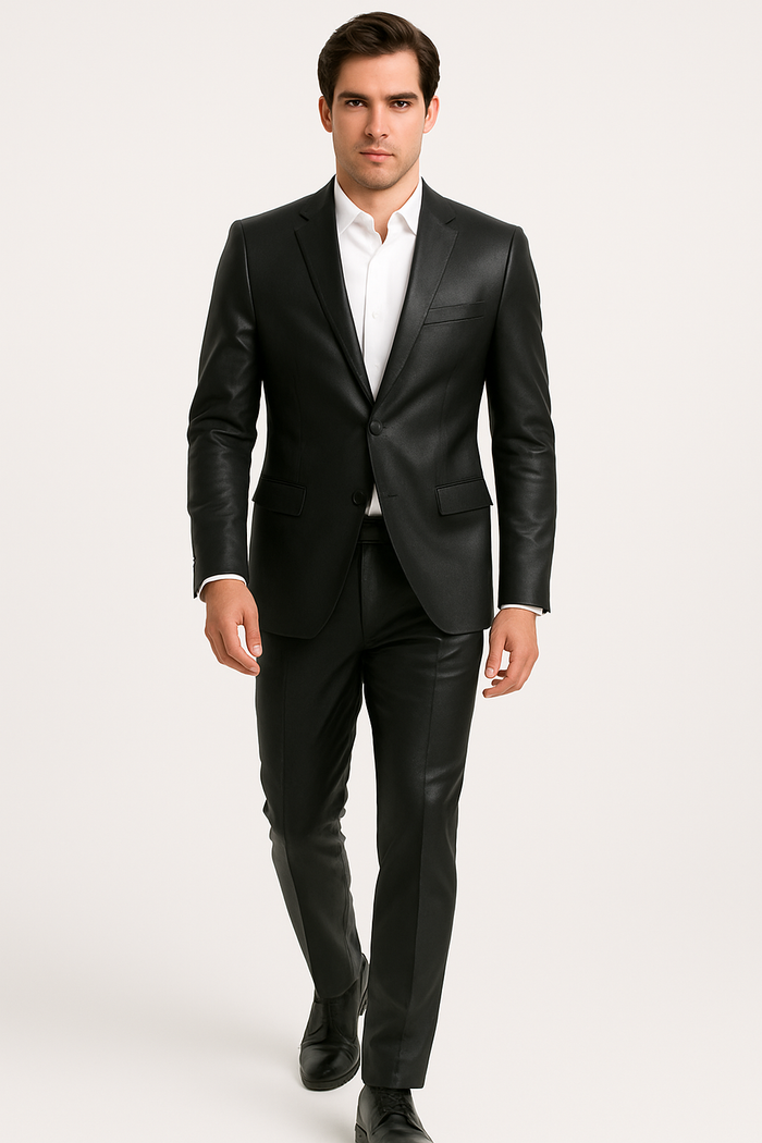 Mens Black Slim Fit Faux Leather Suit – 1 Button Notch Lapel - Image 6