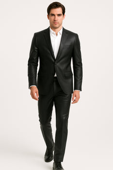 Mens Black Slim Fit Faux Leather Suit – 1 Button Notch Lapel - Image 6