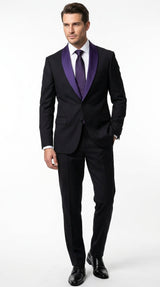 Mens Black Suit with Purple Lapel – Elegant Formal Tuxedo Style Suit for Wedding, Prom, Party and Evening Wear